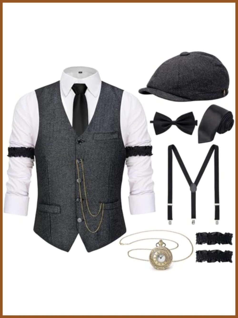 1920s Mens Costume Set Gatsby Gangster Outfit Fedora Vest Pocket Watch